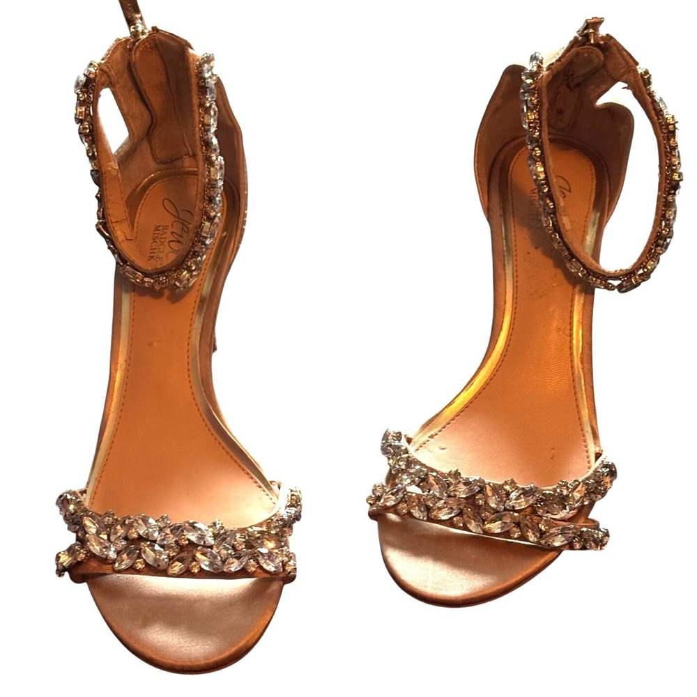 Jewel Badgley Mischka Champagne Satin Crystal Embellished Stiletto Heels 7